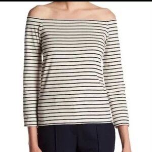 Theory Women's Aprine K_Classic Stripe Knit Top Off Shoulder Contemporary Sz M